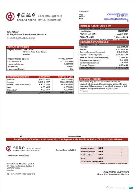 Mauritius Bank of China (Mauritius) Limited mortgage statement Word and PDF template